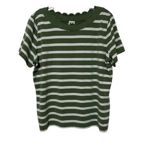 Anne Klein Sage Green and White Striped Scalloped Neckline Short Sleeve Tee